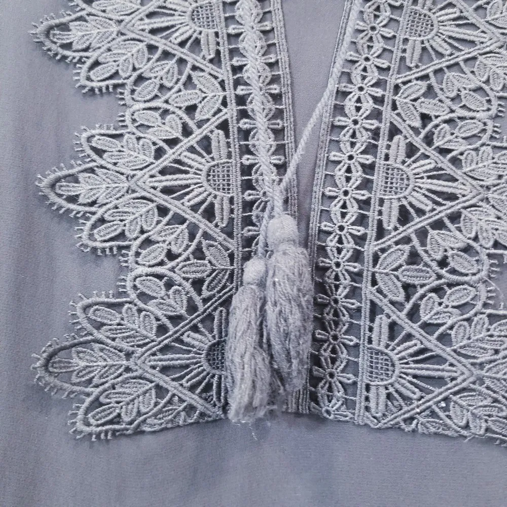 Line and Dot Black Crochet Tassels Deep V-neckline Sheer Blouse Long Sleeves - Image 5