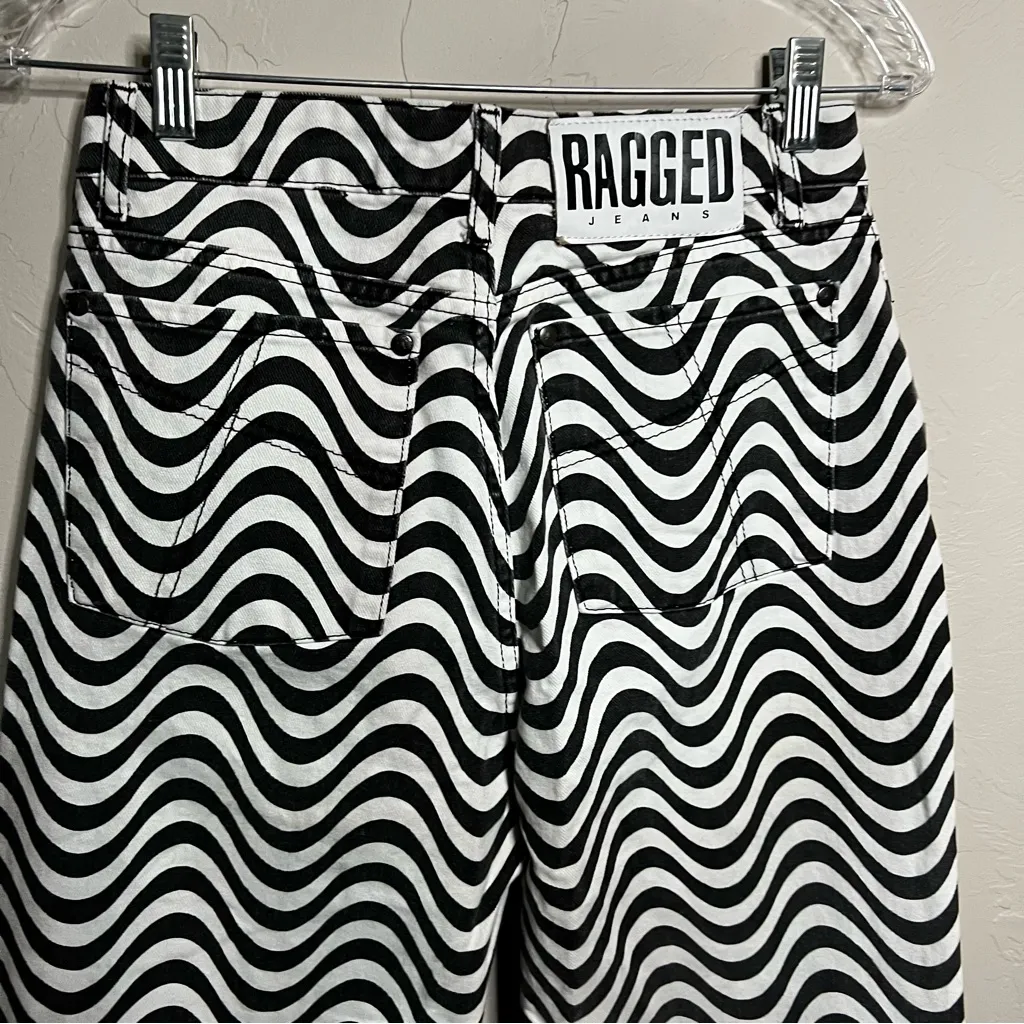 The Ragged Priest Black and White Wave Psychedelic Groovy Raw Hem Wide Leg Jeans - Image 9