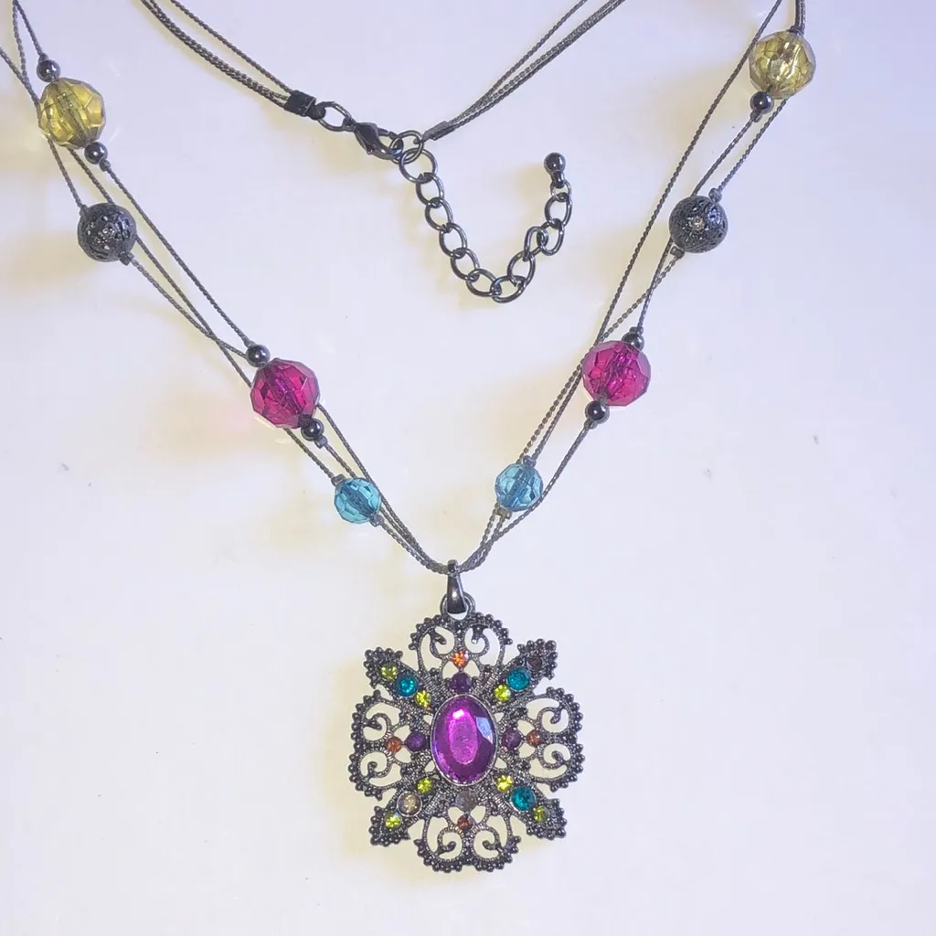 Elegant Multicolor Rhinestone Boho Pendant Necklace Pink - Image 2