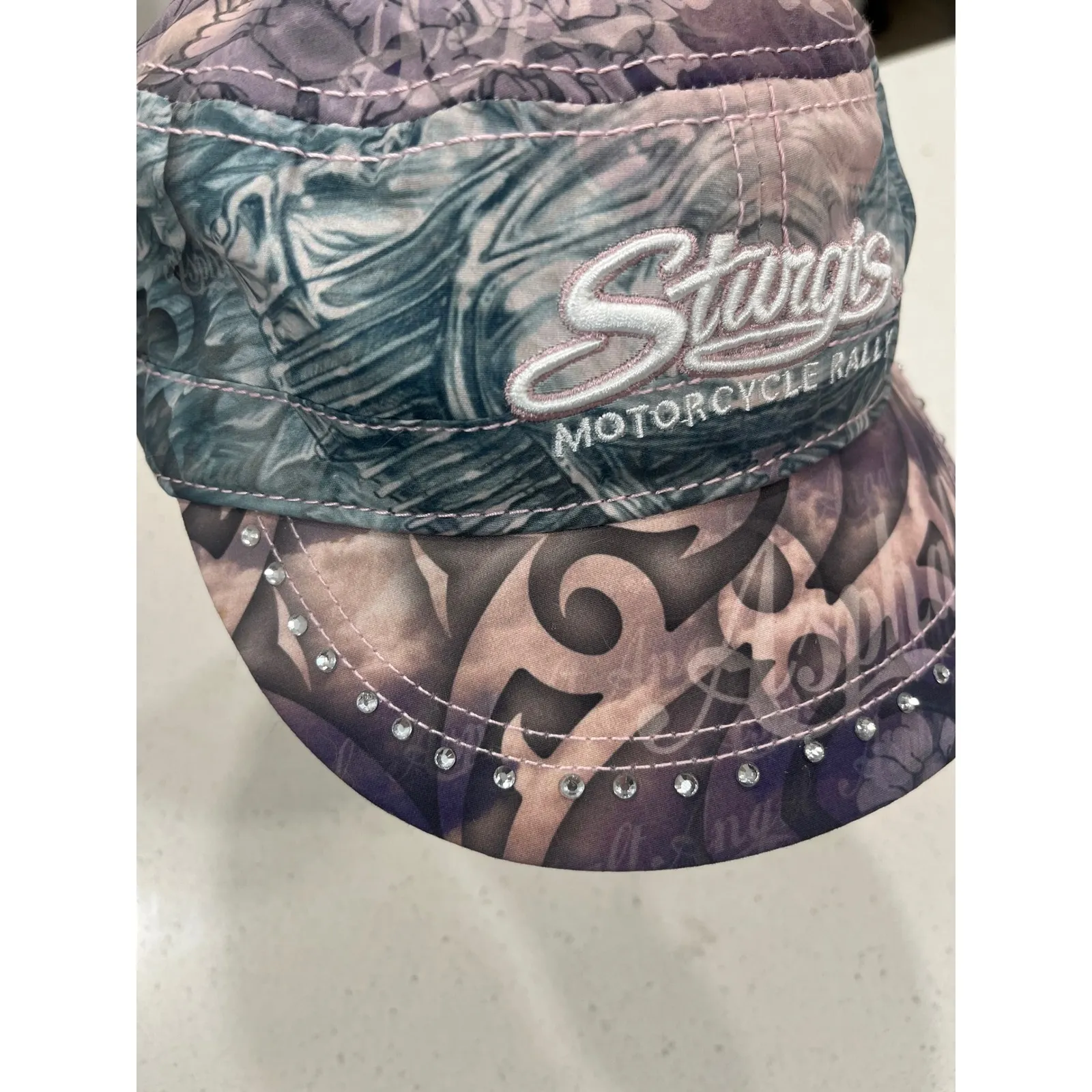 Sturgis Motorcycle Rally Womens Army Cap Bling Rhinestones Tattoo Print Purple - Image 3
