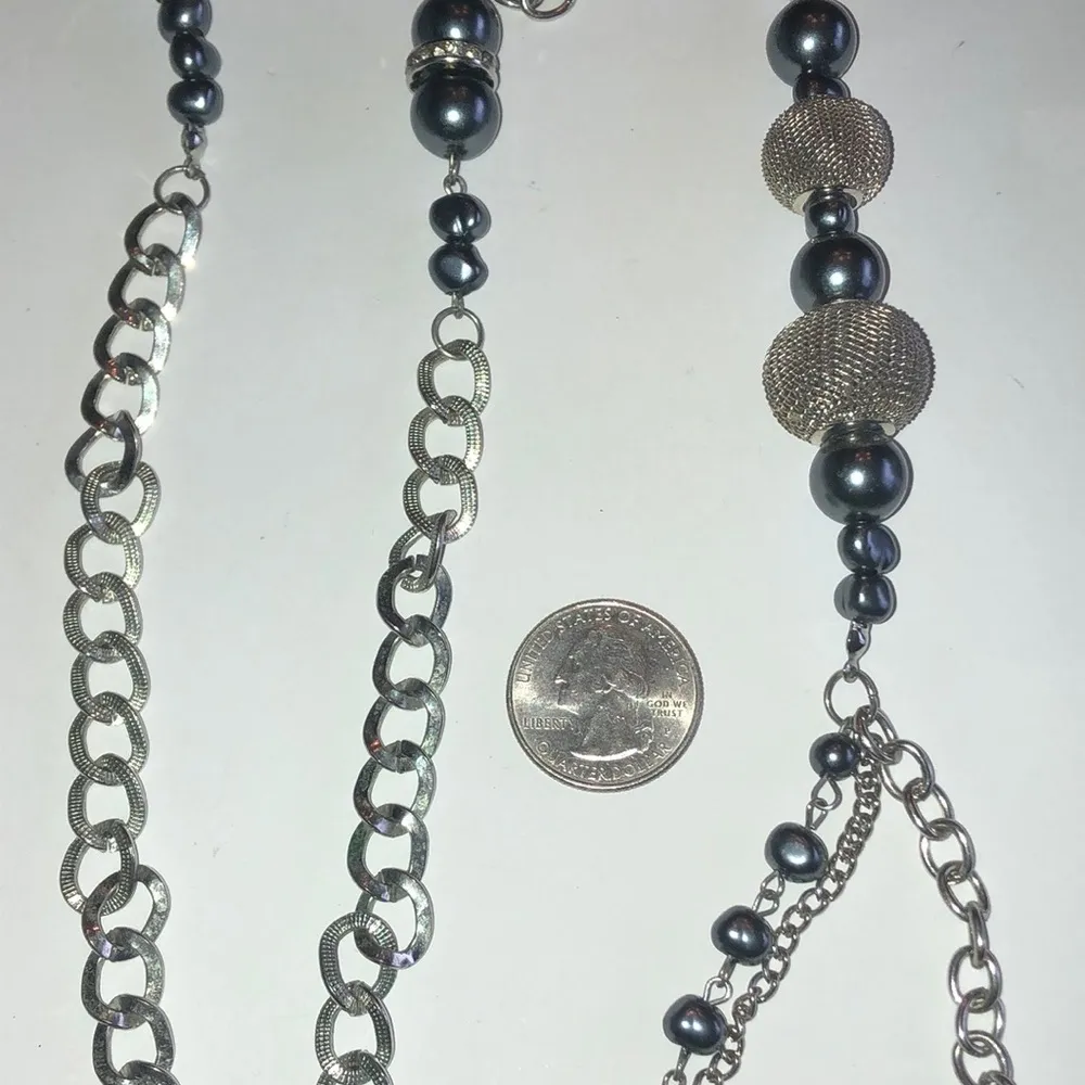 Silver Tone & Dark Gray/Blue Mesh Beaded Multi Strand Boho Necklace - Image 2