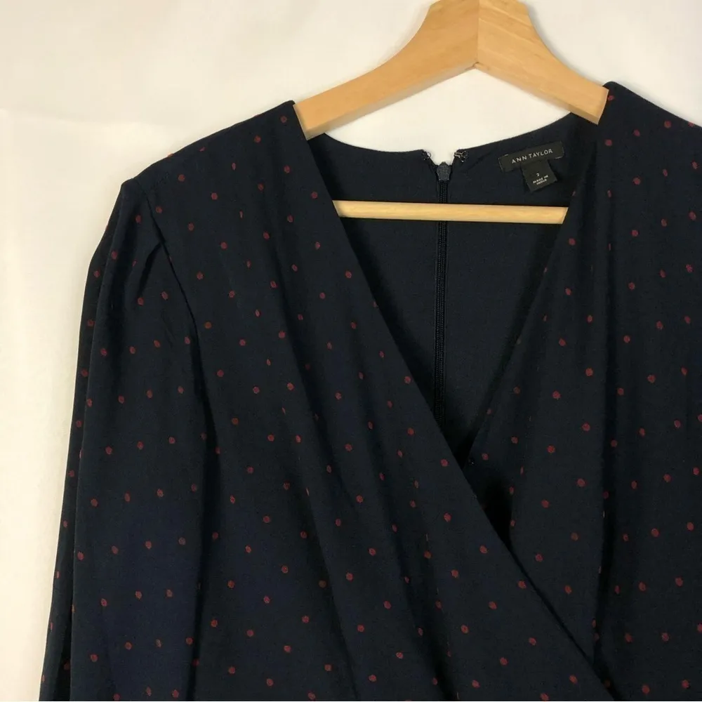 Ann Taylor Navy Blue & Red Polka Dot Long Sleeve Mini Dress 2 - Image 3