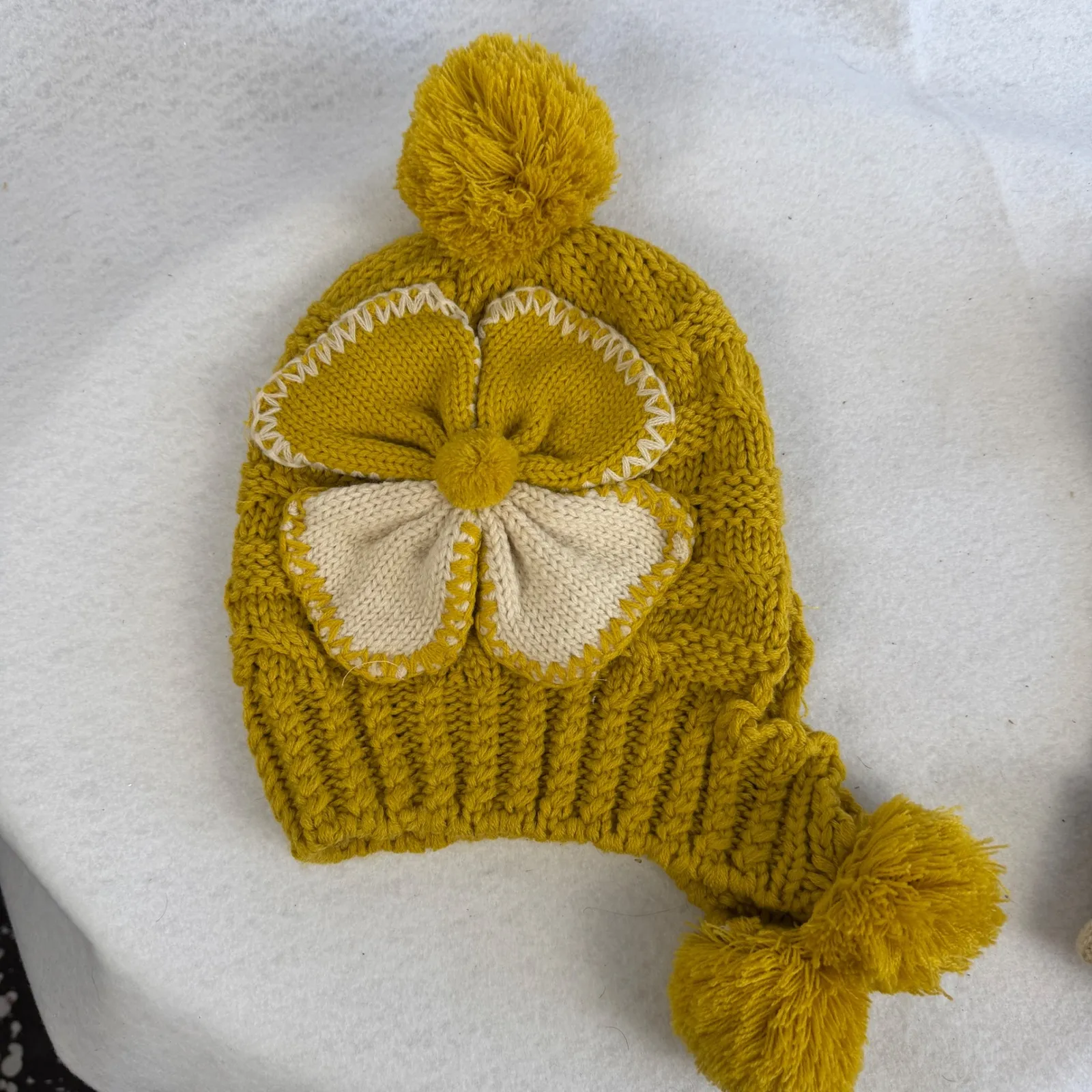 Bundle Womens Knit Beanies Pom Pom Flower Earflap Cozy Winter Hats Lot of 3 Brown - Image 5