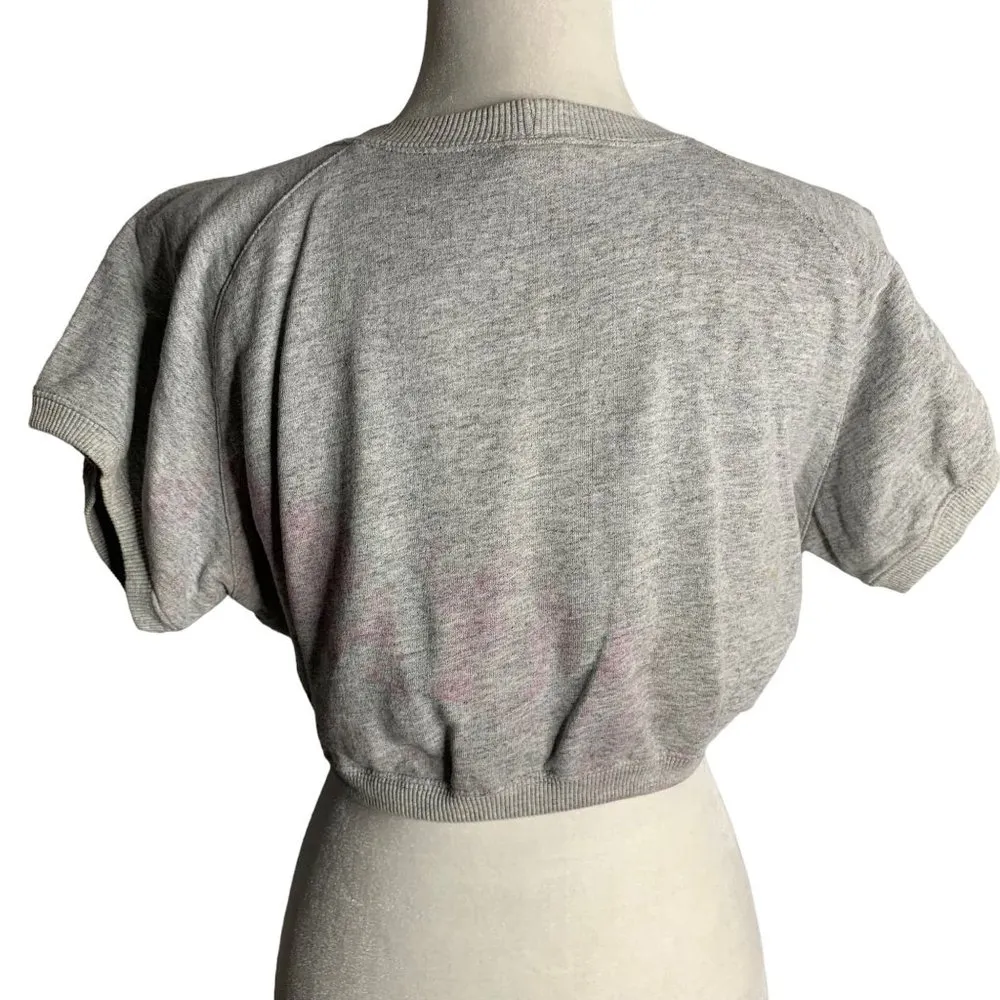 Vintage 80s Cropped Short Sleeve Sweatshirt L Grey Crewneck Drawstring Stars Size L - Image 5
