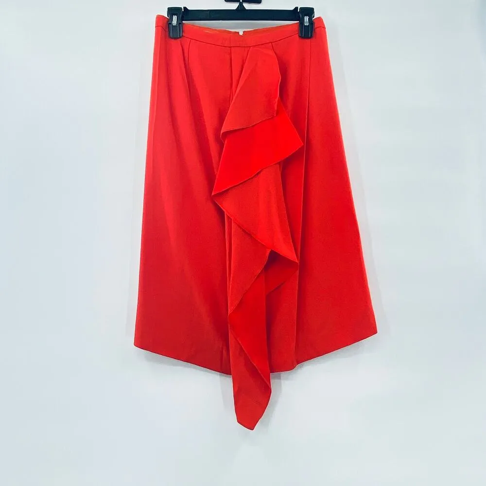 Reiss Womens Dita Waterfall Front Mandarin Bold Orange Draped Crepe Skirt Sz 6 - Image 4