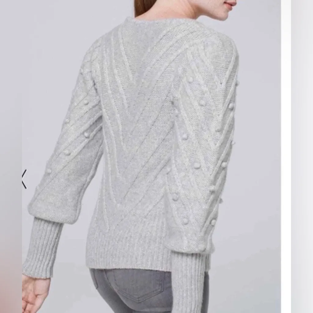 White House Black Market cozy chic PomPom embroidered puff sleeve gray sweater S - Image 11