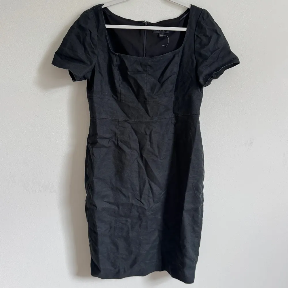 J. CREW Squareneck Sheath Dress Stretch Linen Blend Black Size 14 Midi BI710 - Image 2