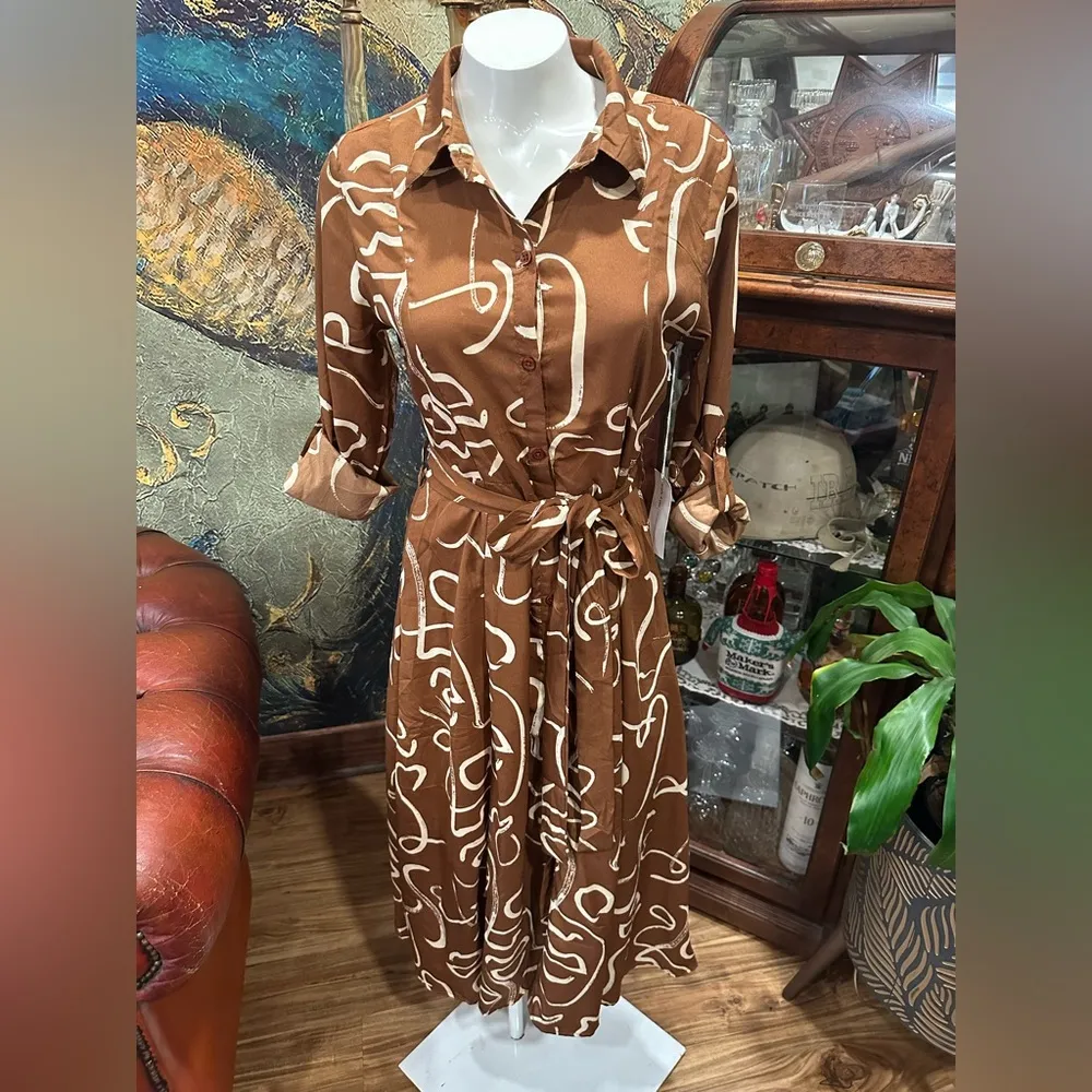 NWT TRULY 4 You Elegant Brown and White Midi Dress Size M - Image 5