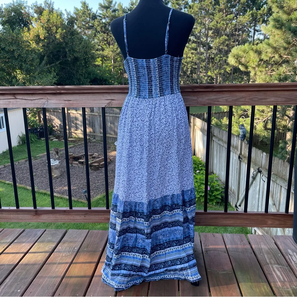 Japna Boho Sleeveless Maxi Dress Paisley Floral Smocked Large Blue White Summer - Image 6