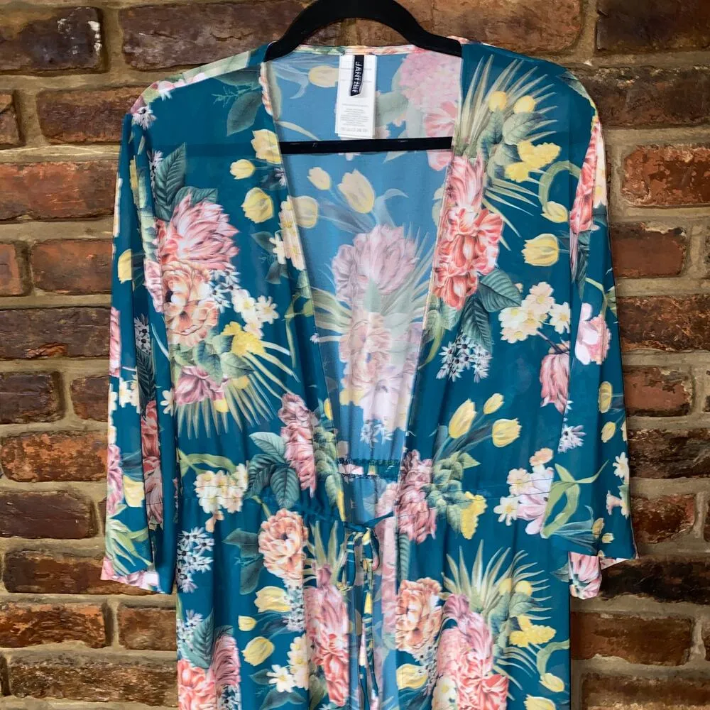 NWOT Jantzen Teal Blue Isn't It Romantic Floral Kimono Swim Cover-Up Women Small - Image 3
