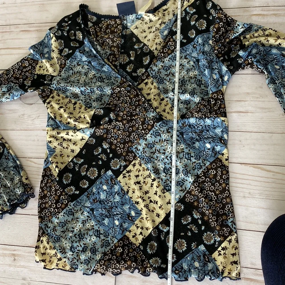 Y2k vintage boho floral patchwork blouse long sleeve blue brown tan large Multiple - Image 8