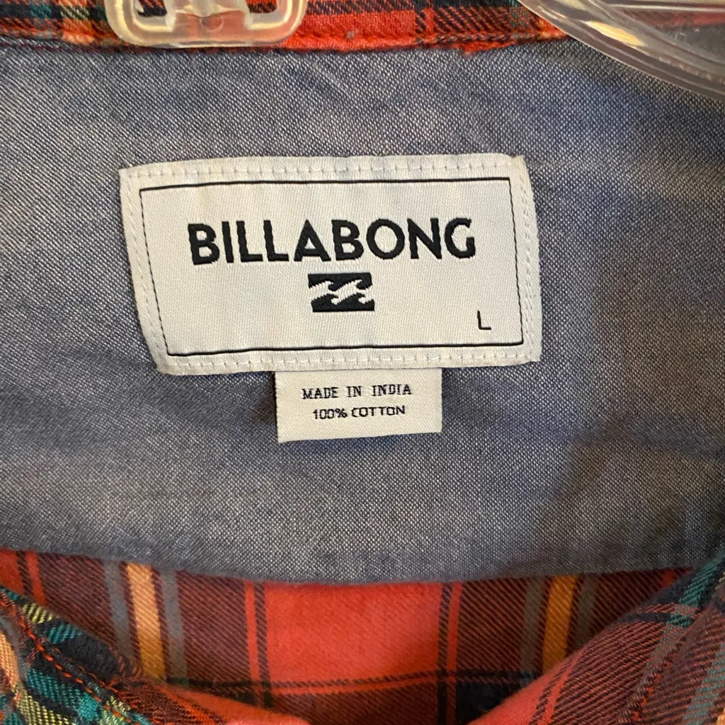 Billabong Red Yellow green Plaid Cotton Button Down Shirt Fall Holiday Gorpcore - Image 3