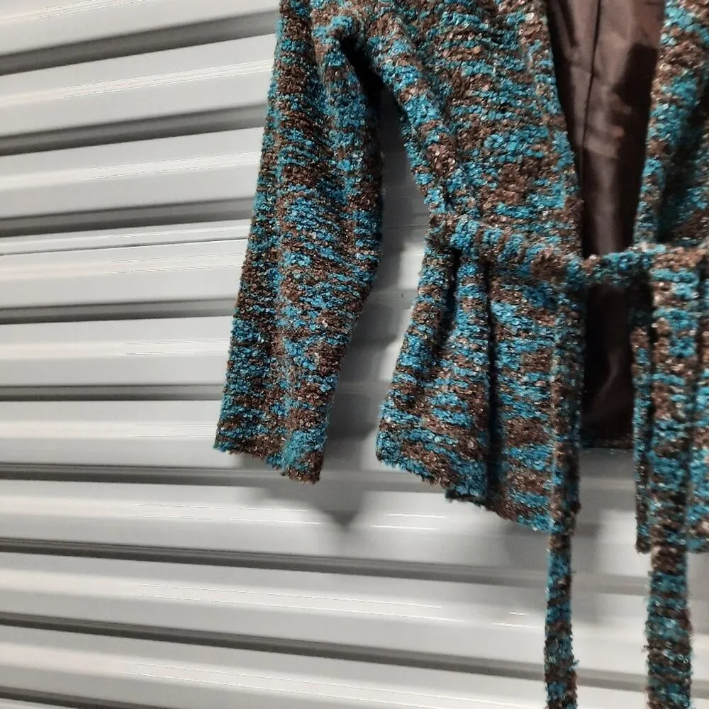 Erin London Jacket Women's Medium Brown Blue Long Sleeve Fuzzy Belted Blazer - Image 8