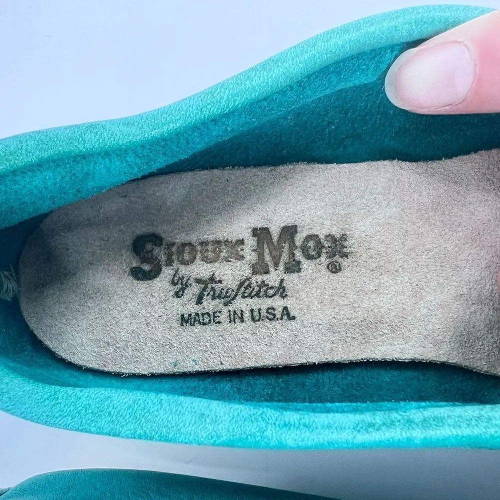 Vintage Sioux Mox Women's Suede Leather‎ Tri Stitch Moccasins Turquoise Size 6 Blue - Image 4