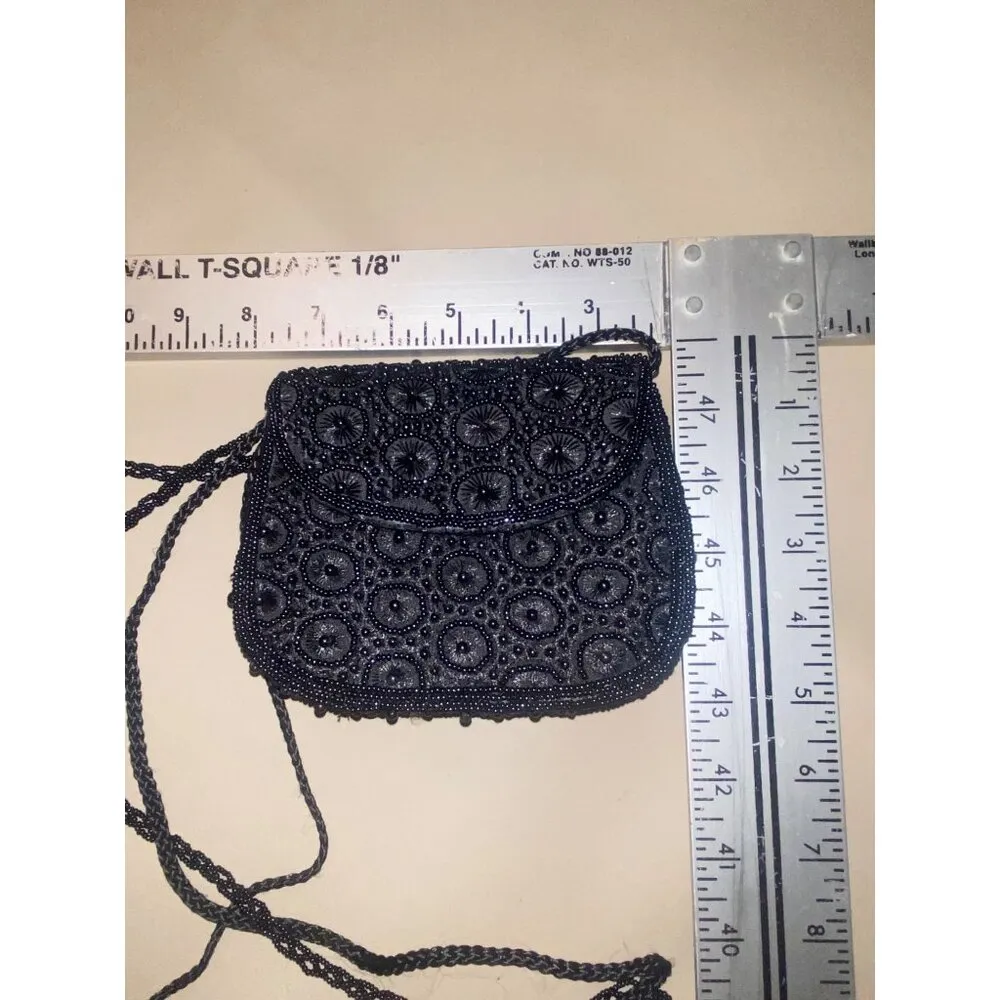 Beaded Sasha Evening Bag With Intricate Design & Long Strap Black - Image 6