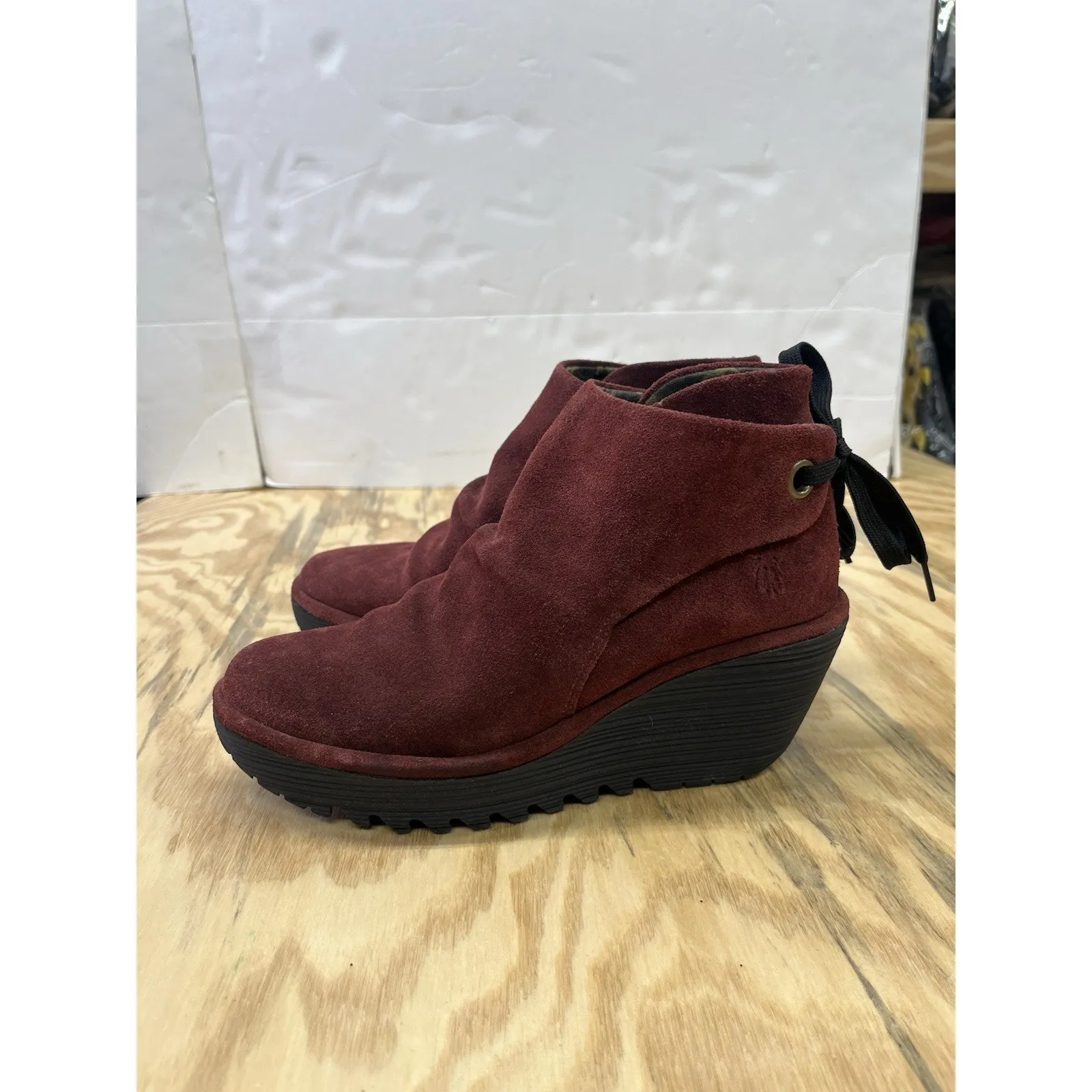 Fly London Yebi Suede Bootie Burgundy EU 38 US 7 - 7.5 Tie-Back Wedge Ankle Boot - Image 2