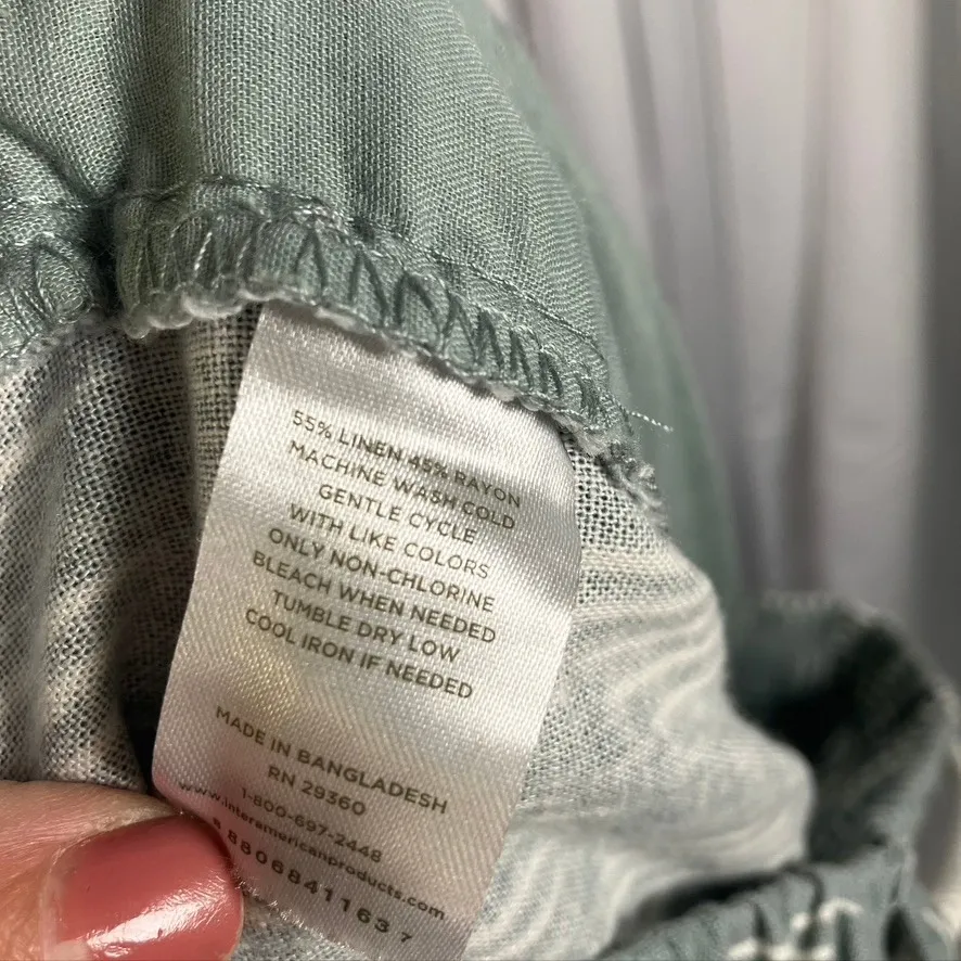 DIP Womens Green White Linen Blend Pants Medium Rope Belt Boho Casual - Image 11