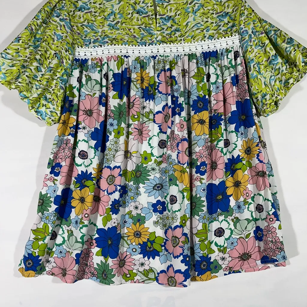 PRINTED FLORAL BOHO ROUND NECK PUFF BUBBLE SLEEVE WOMEN XL LIME‎ MULTICOLOR - Image 3
