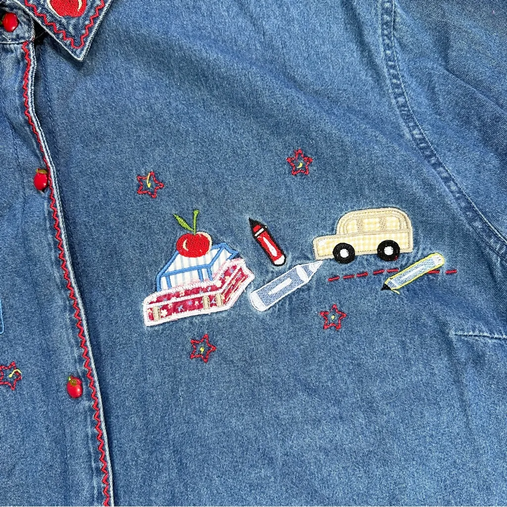 White Stag Vintage Denim Button Down Shirt Cherry School Embroidered 22W/24W - Image 9