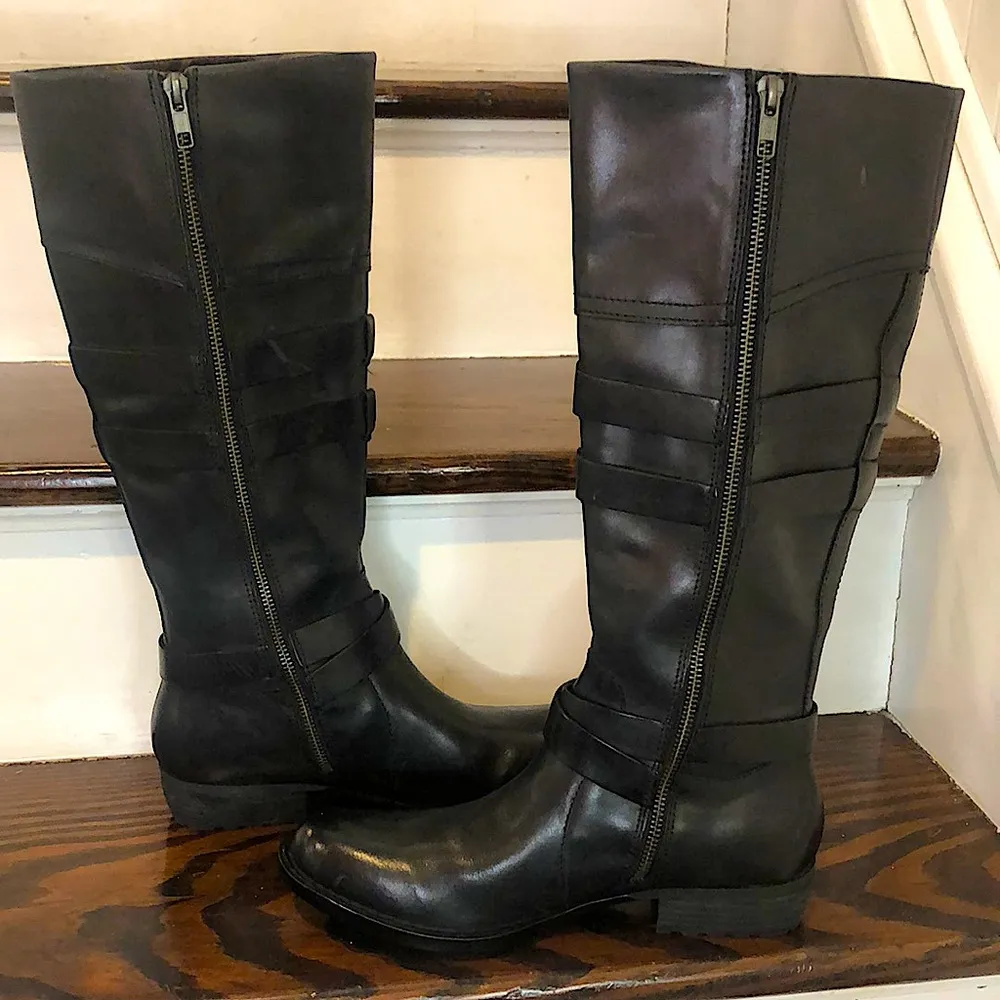 BORN Black Knee High Leather Moto Riding Boots w Straps Buckles NWOT SZ 8 - Image 3