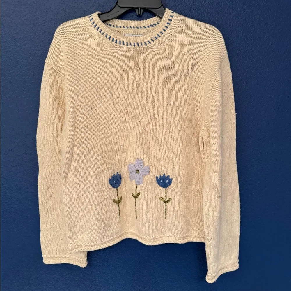 REDONE 50S EMBROIDERED COTTON-BLEND SWEATER IN VINTAGE IVORY Size Small - Image 3