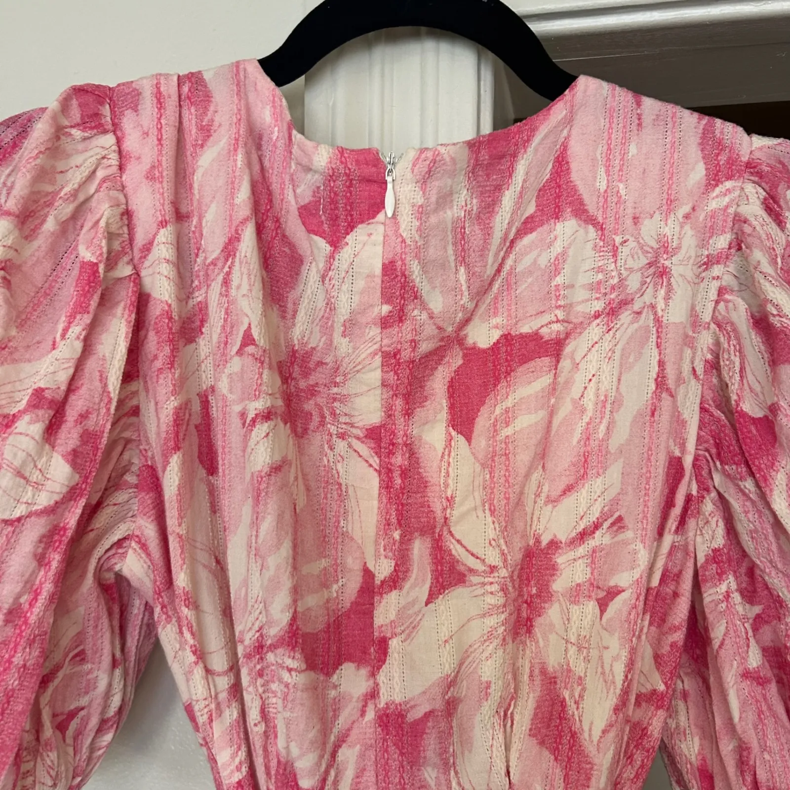 Floral Pink Mini‎ Dress Puff Sleeve Button Front Tie Waist Summer - Image 7