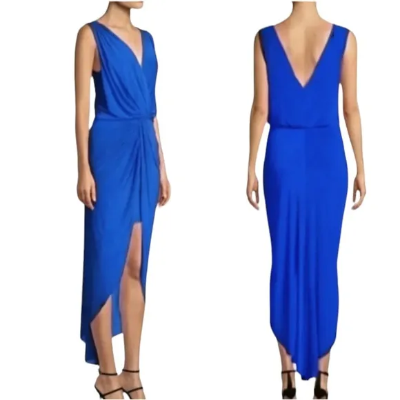 NWT MISA Los Angeles Leza Gathered Crossover Tulip High Low Maxi Dress in Blue - Image 2