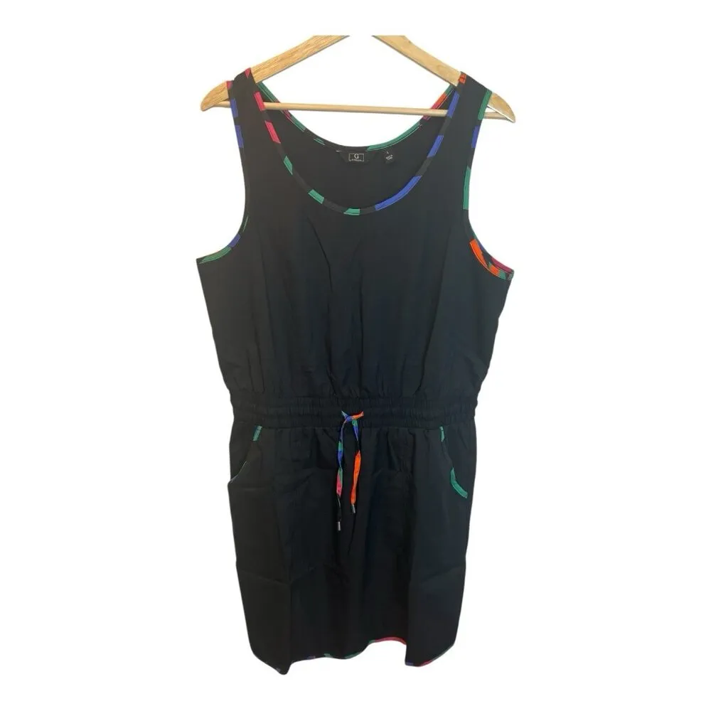 G By Giuliana Black Sleeveless Tank Dress Large Colorful Trim Tie Waist Pockets - Image 2