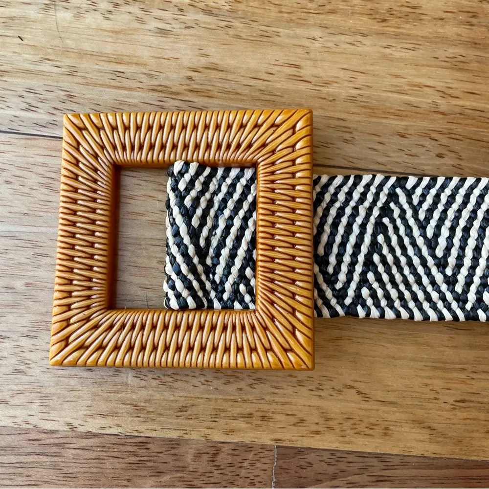 Black and White Decorative Belt Chevron Patterned with Brown Square Buckle - Image 2