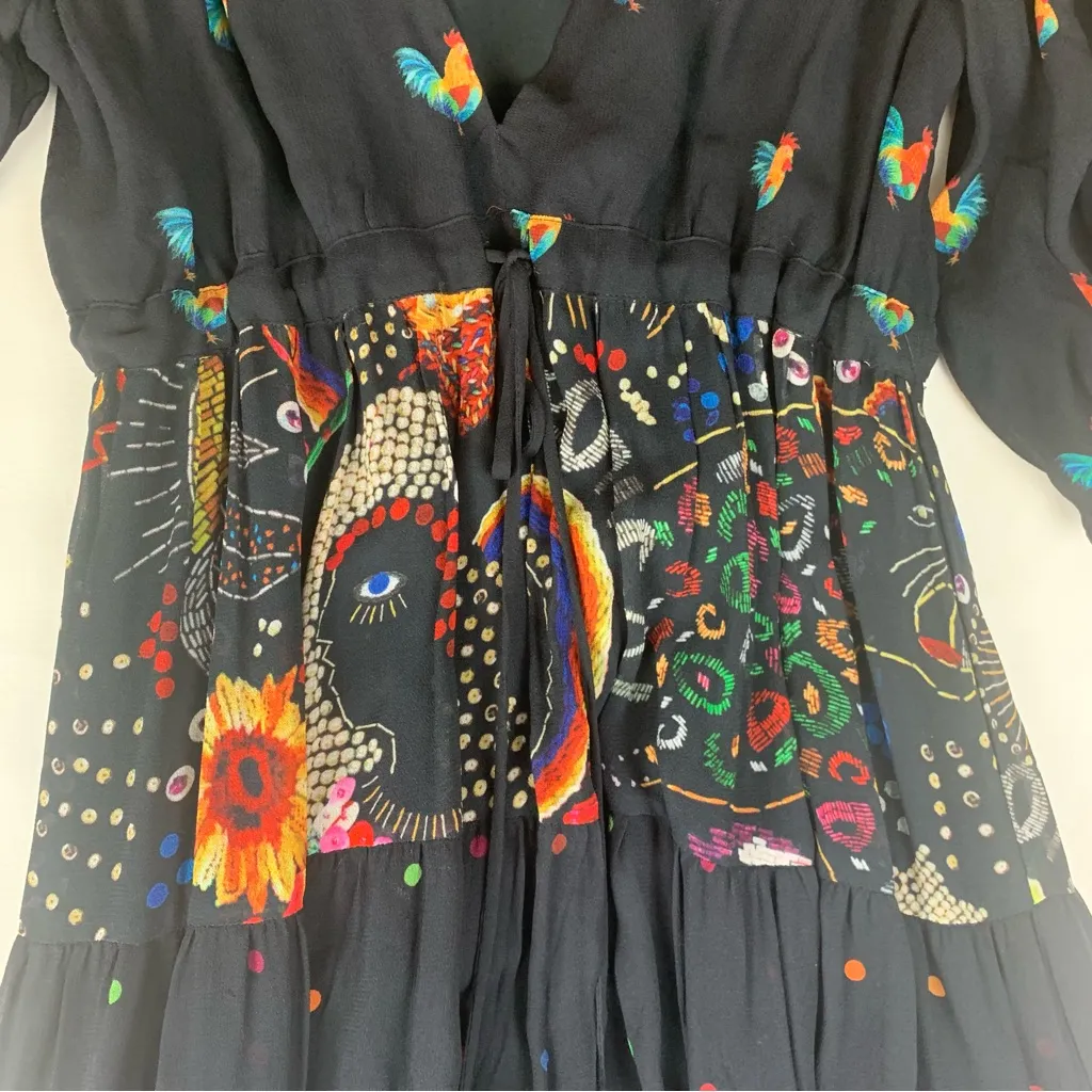 Farm Rio size small mixed stardust maxi dress Celestial Black chickens tiered - Image 9
