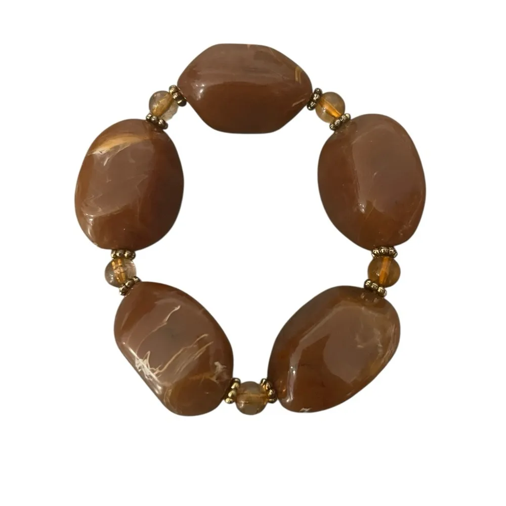 Vintage Estate Retro 80s Chunky Amber Brown Marbled Beaded Stretch Bracelet OSFM - Image 2
