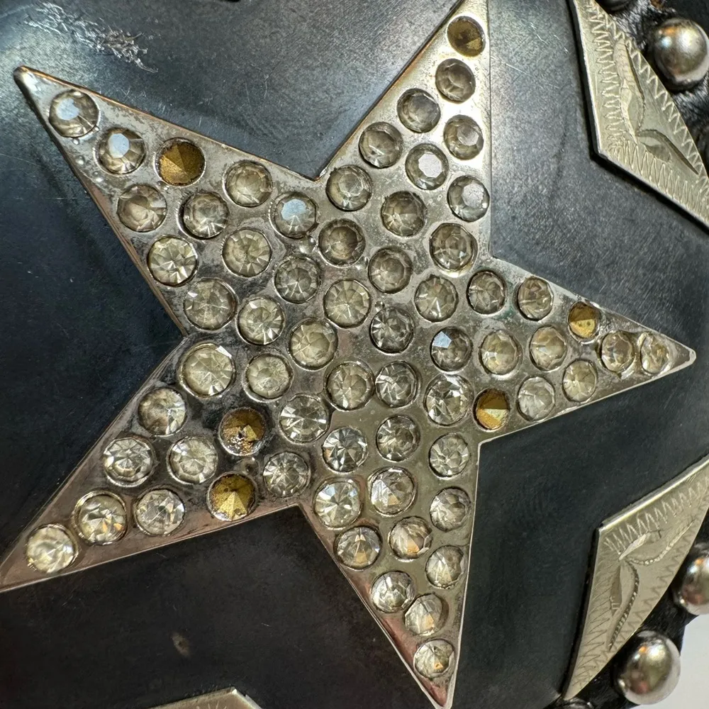 Vintage Cowboy Decor Lonestar Leather Belt with Rhinestone Buckle sz 36 Studded Black - Image 9