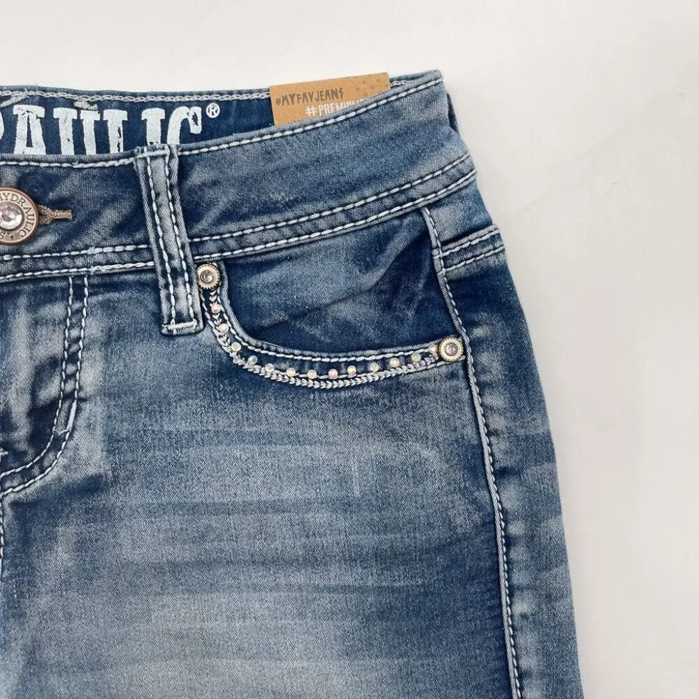 Y2K 2000s Hydraulic Bailey Low Rise Denim Jean Shorts Rhinestones Medium Wash - Image 6