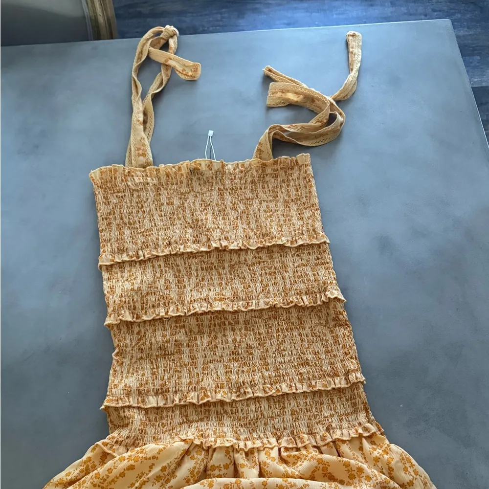 Smocked Wide Strap Mini Cami Dress Womens Ruffle Dress Sleeveless Floral Yellow Size XL - Image 3