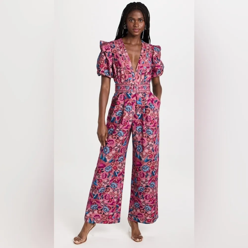 FARM Rio Floral Birds Blush Jumpsuit with Puff Sleeves Size: XL - Image 15