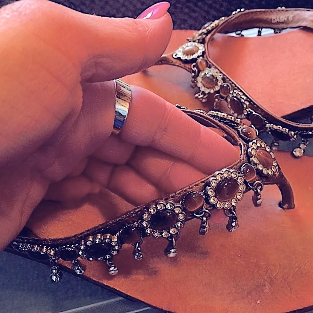 Yellow Box Tortoise, Rhinestone & Hanging Embellishments Thong Sandals - Image 3