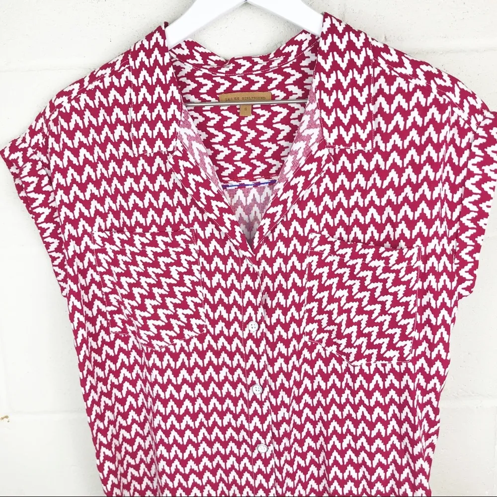 Jachs Girlfriend Quinn Button Down Cap Sleeve Shirt Red & White Chevron Small - Image 5