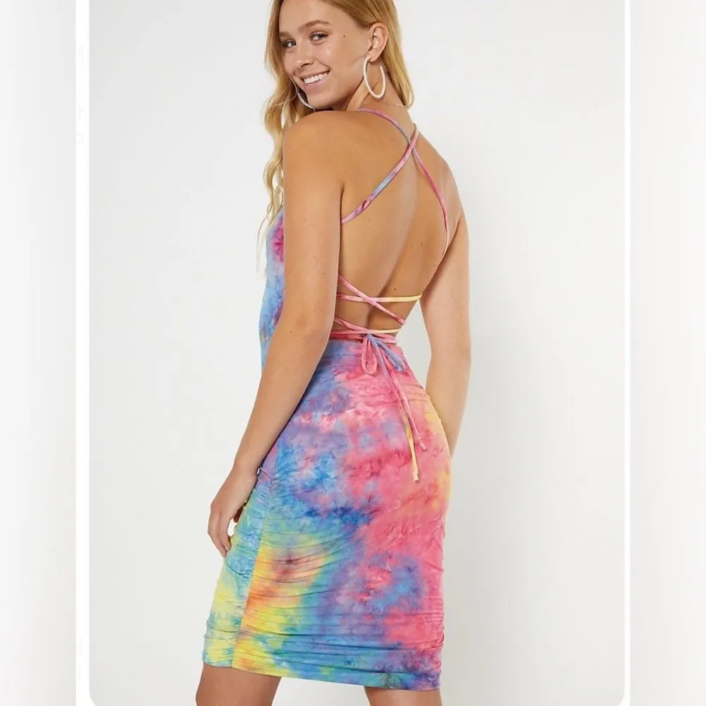 Heart & Hips bright tie dye ruched strappy open back bodycon dress medium NWOT - Image 3