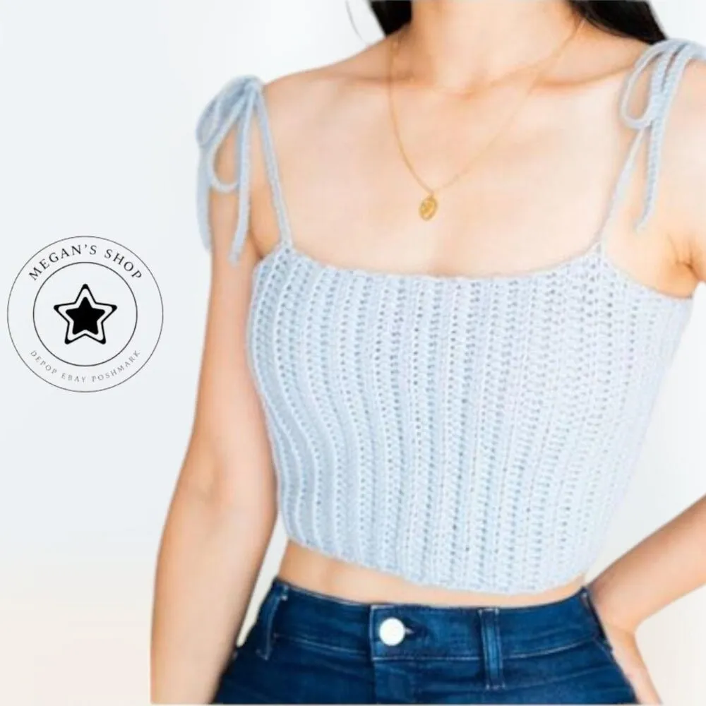 Preppy Handmade crochet teal blue knit crop top with tie straps Women's size L Size L - Image 2