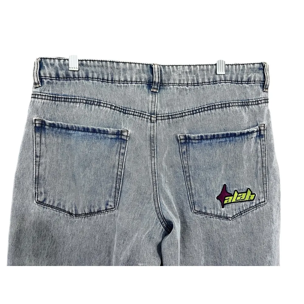 ALAB Skull Rave Jeans Ultra Wide Leg Embroidered Denim Pants Size 10 Y2K Blue - Image 8