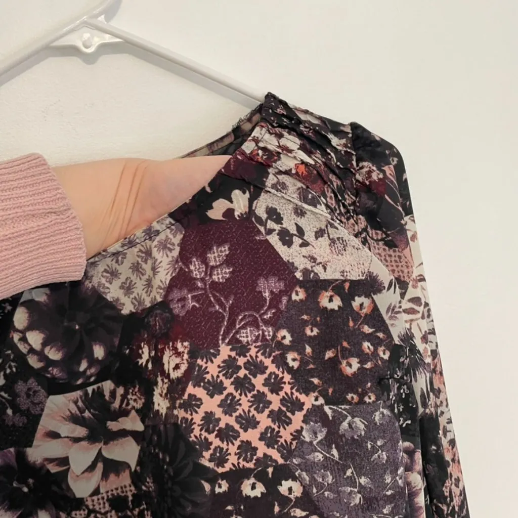XHILARATION Cream Ivory Black Pink Floral Geometric Patchwork Long Sleeve Blouse - Image 6