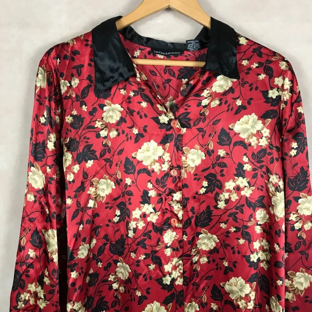 Vintage Oriental Floral Satin Long Sleeve Lounge Pajama Shirt XL - Image 3