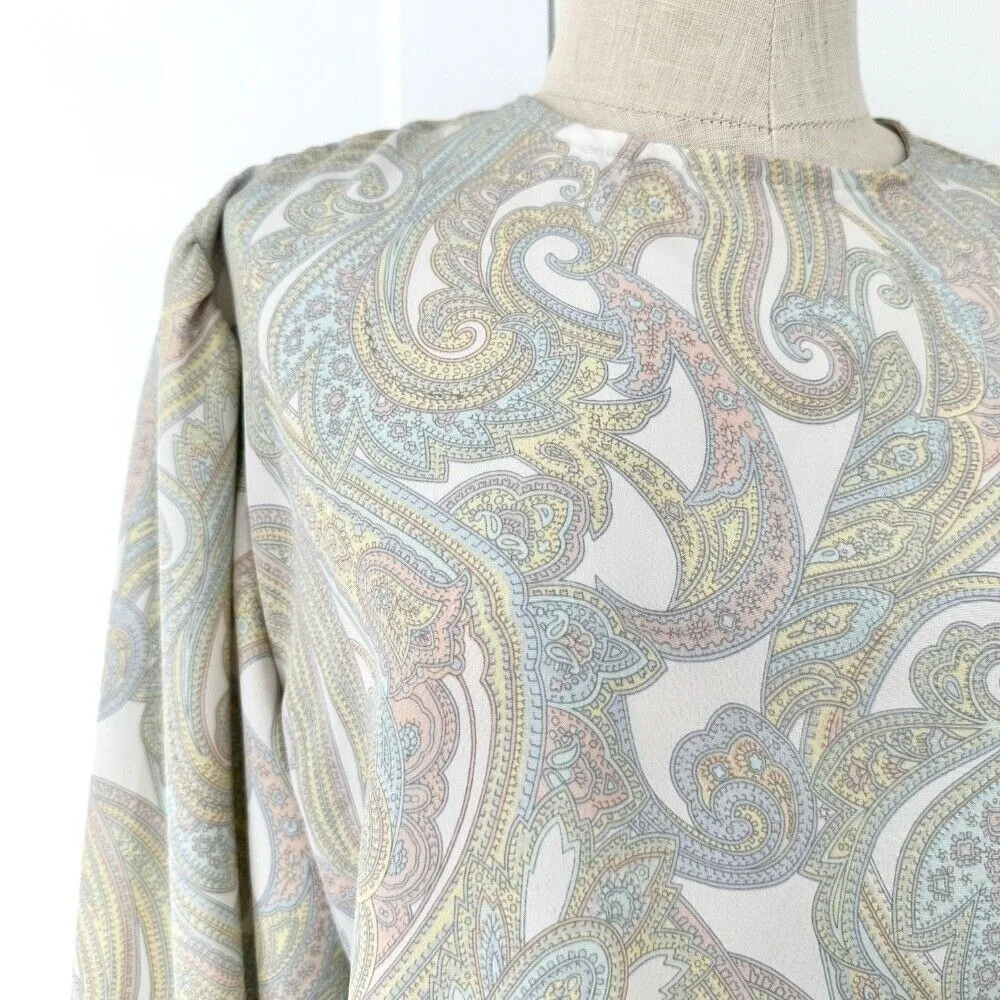 Vintage Paisley Blouse Long Sleeve Button Career Silk Scarf‎ Top Size 10 Pastel Tan - Image 8