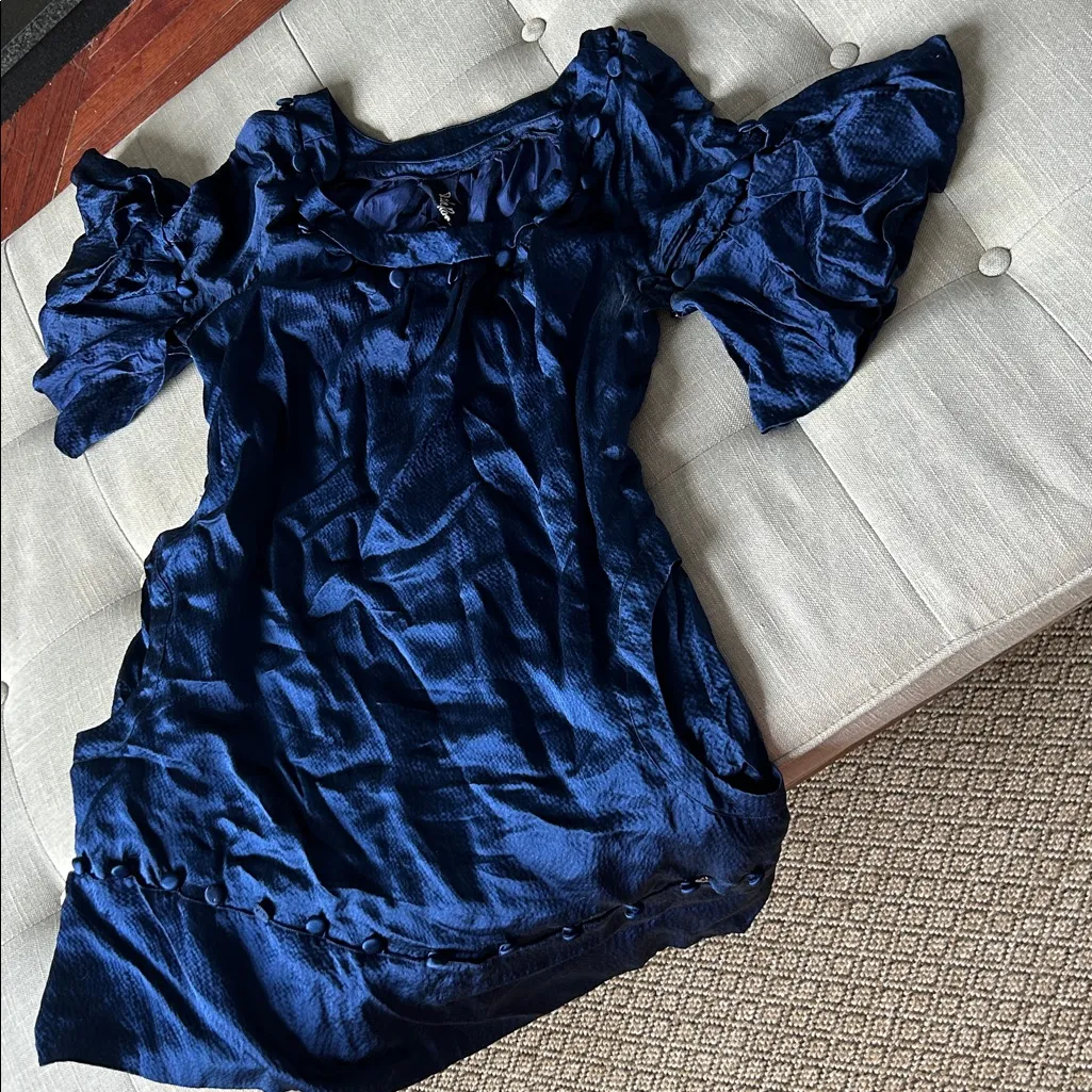 LELA ROSE
XO Scoop 100% Silk Navy Button Hem Midi Sheath Dress Blue - Image 2