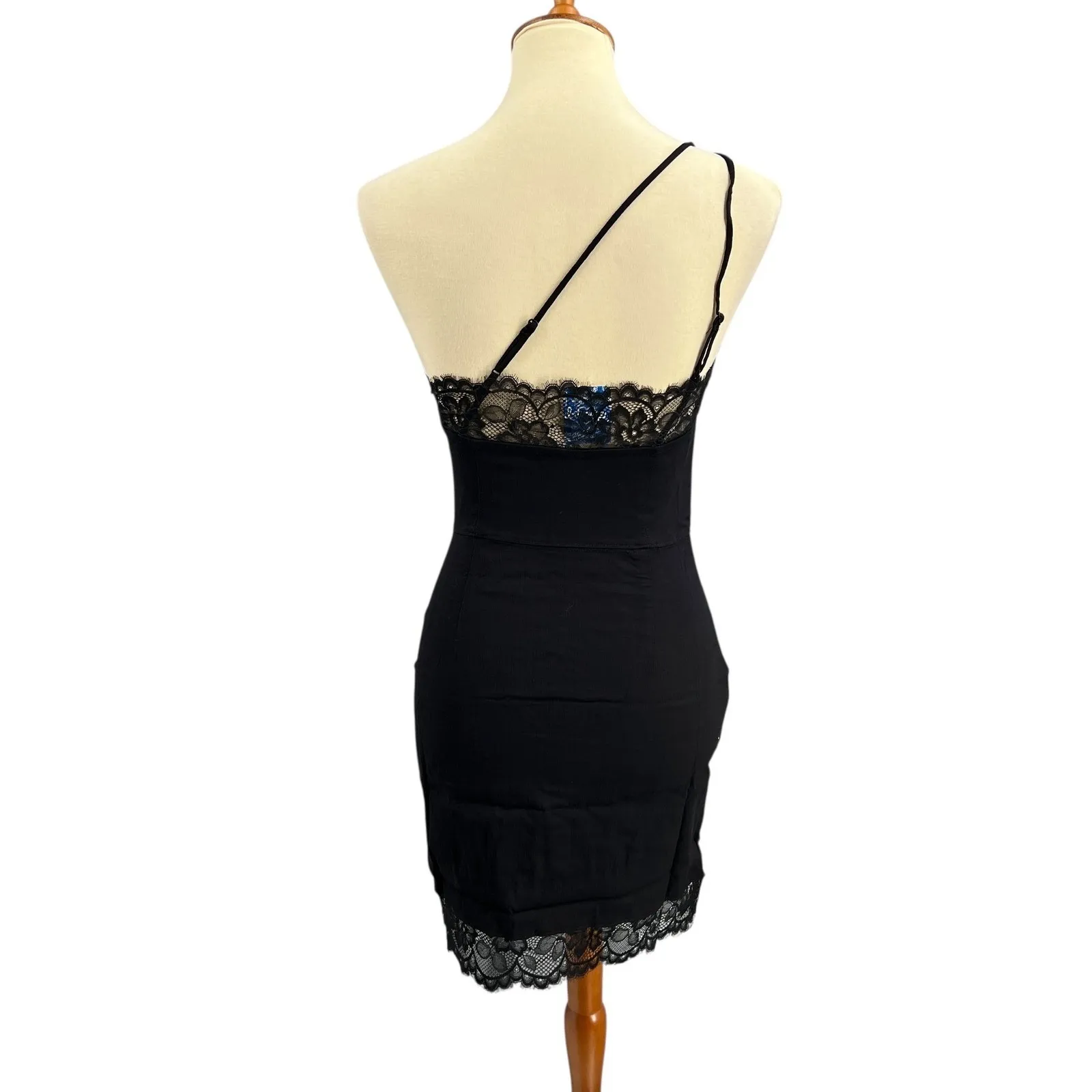 Free People Black Lace Trim Bodycon Dress One Shoulder Y2K Size Small New - Image 4