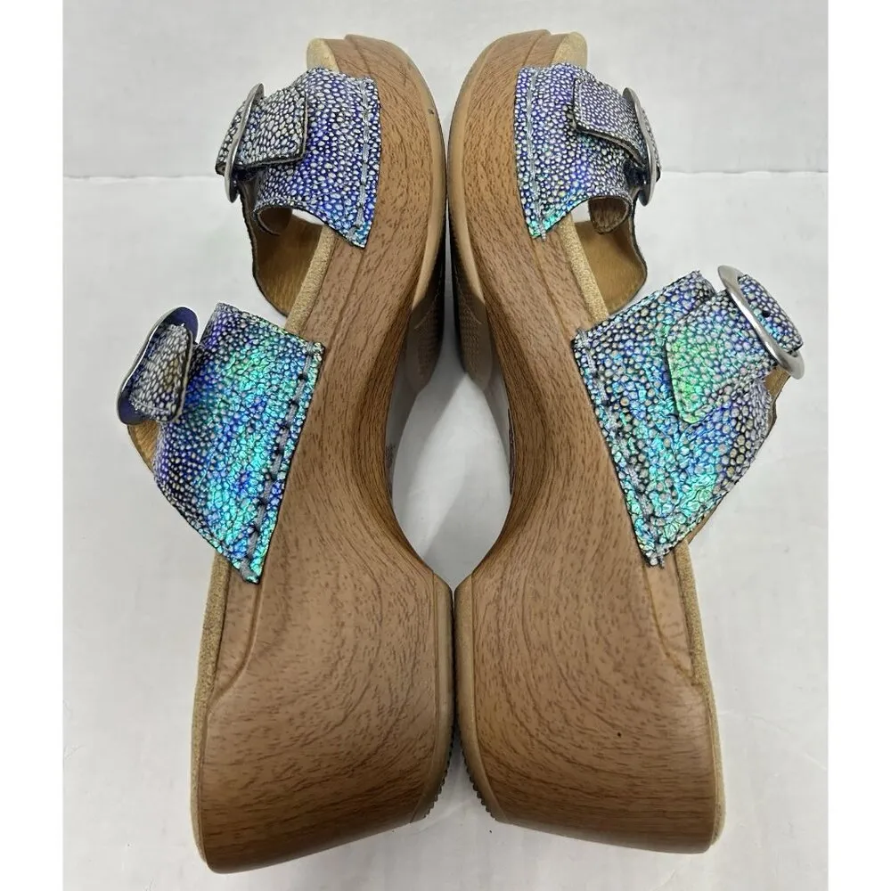 Dansko Comfort Wedge Slide Clogs Womens 40 US9.5 Blue Iridescent Leather Sandals - Image 7