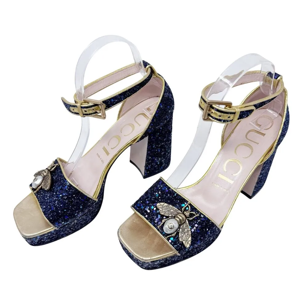 GUCCI Soko Bee Blue Glitter Platform Heels Gold
Trim Ankle Strap Size 38.5 - Image 9