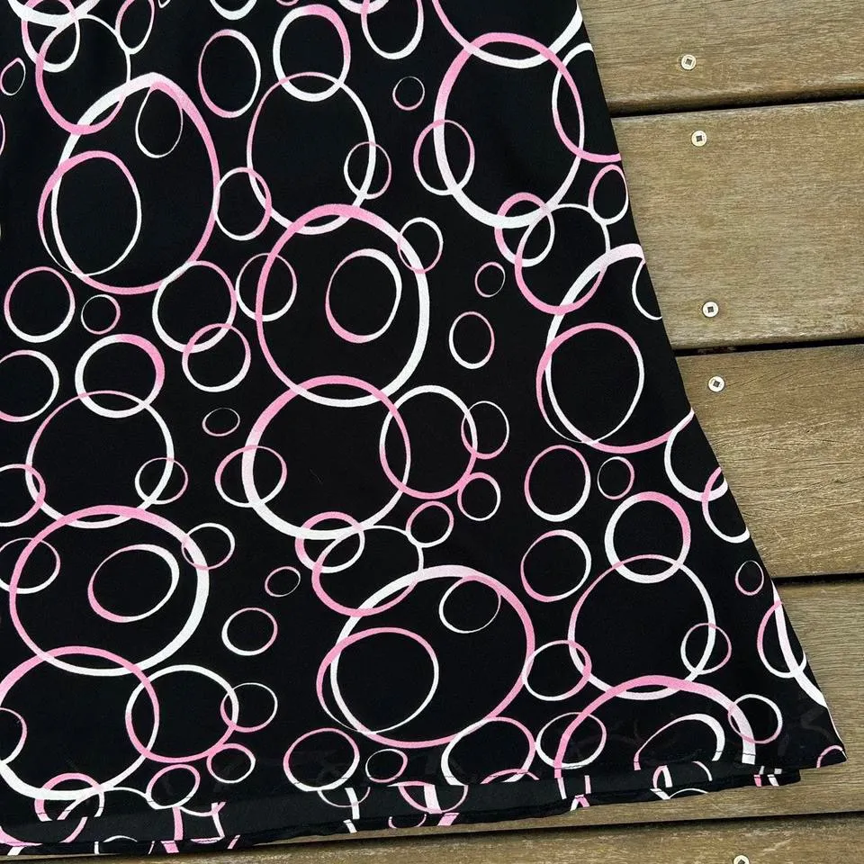 Black w/ Pink/White Circles Flowy George Mini Skirt w/ Elastic Waist Size XL - Image 2