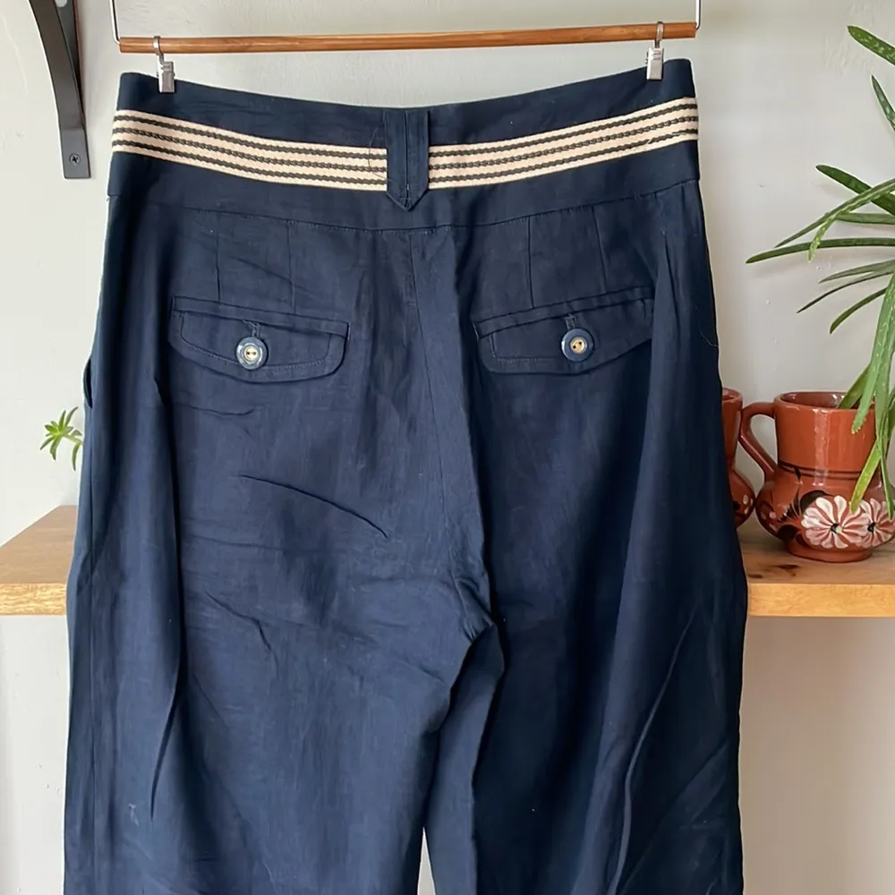 Anthropologie Elevenses Navy Blue Linen Sailor Straight Leg Trousers Pants Sz 4 - Image 6