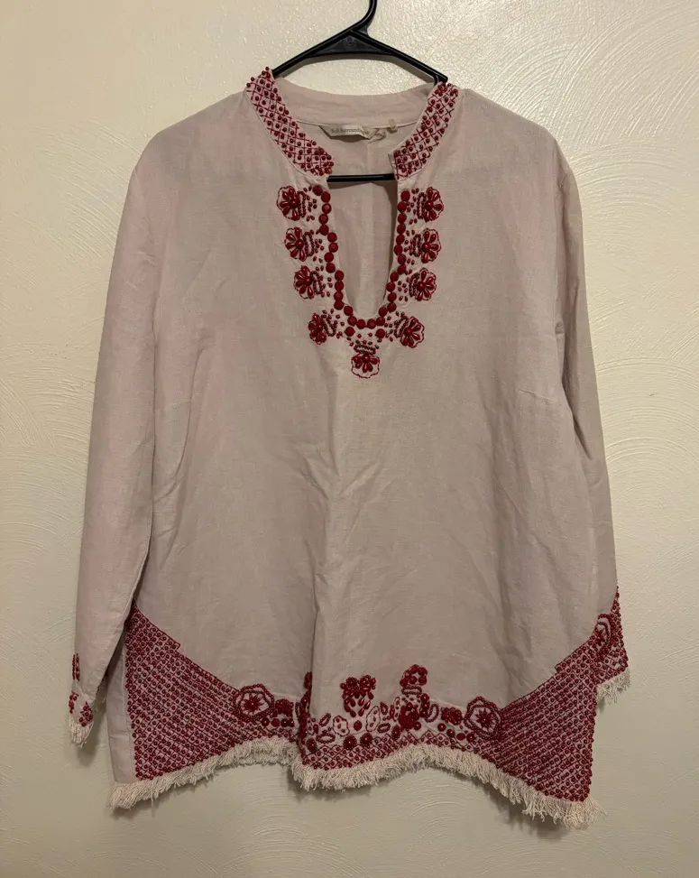 Soft Surroundings PXL Linen Cotton Embroidered Beaded Boho Tunic Top Fringe Hem - Image 1